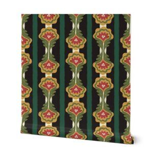 Spoonflower x Dani Dazey Pinstripe Plant - Gold, Green Red Non Pasted Wallpaper